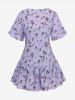Plus Size Chain Panel Ruched Cami Top and Flower Print Turndown Collar Lettuce Trim Ruffles Tie Top -  