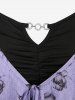 Plus Size Chain Panel Ruched Cami Top and Flower Print Turndown Collar Lettuce Trim Ruffles Tie Top -  