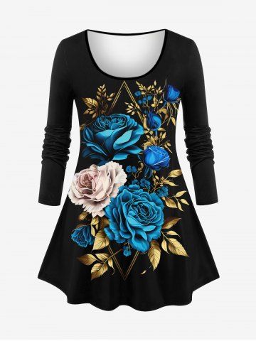 Plus Size 3D Rose Flower Leaf Print Long Sleeves Valentines T-shirt - BLUE - 1X