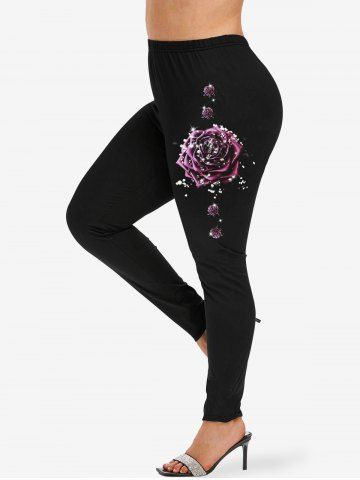 Plus Size Glitter Sparkling Rhinestone Rose Flower Side Print Skinny Leggings - BLACK - XS