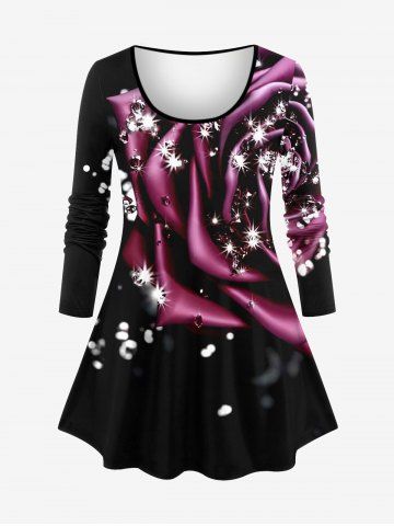 Plus Size Glitter Sparkling Rhinestone Ombre Rose Flower Print Long Sleeves T-shirt - BLACK - XS