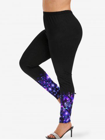 Plus Size Glitter Sparkling Rose Flower Galaxy Stars Print Skinny Leggings - PURPLE - XS