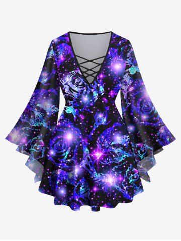 Plus Size Flare Sleeves Glitter Sparkling Rose Flower Galaxy Print Lattice Top - PURPLE - 3X