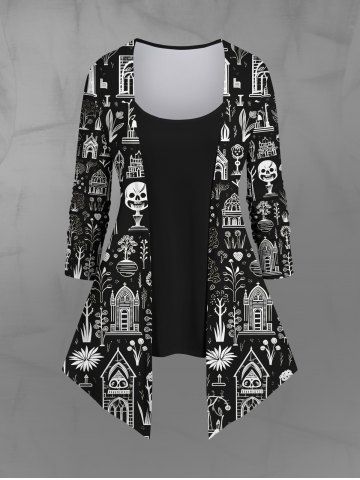 Gothic Skulls Tree Flower House Print Patchwork Asymmetric 2 in1 Long Sleeves Top - BLACK - XS