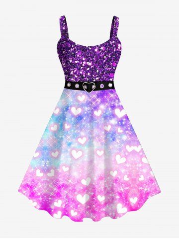 Plus Size Valentine's Day Galaxy Tie Dye Heart Grommets Belt Sparkling Sequin Glitter 3D Print Tank Dress - PURPLE - S
