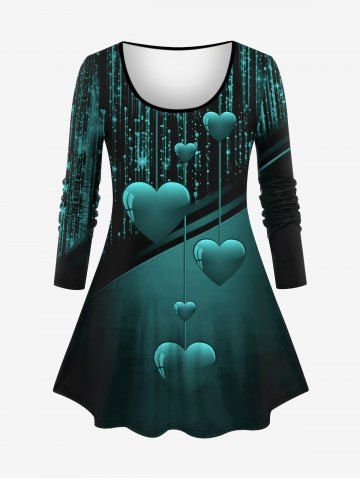 Plus Size Valentine's Day Heart Colorblock Glitter Tassel 3D Print Long Sleeve T-shirt - DEEP GREEN - XS