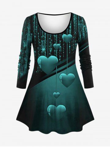 Plus Size Valentine's Day Heart Colorblock Glitter Tassel 3D Print Long Sleeve T-shirt - DEEP GREEN - M