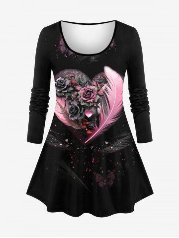 T-shirt Tunique à Manches Longues Imprimé Roses Cœur Ailes et Papillons Grande-Taille - BLACK - 2X