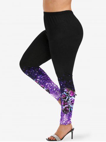 Plus Size Glitter Sparkling Rose Flower Galaxy Print Ombre Skinny Leggings - PURPLE - S