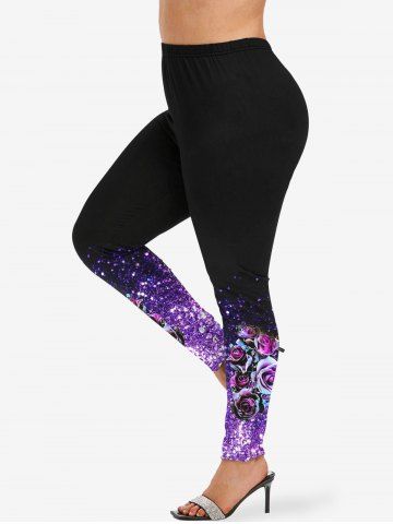 Plus Size Glitter Sparkling Rose Flower Galaxy Print Ombre Skinny Leggings - PURPLE - 4X