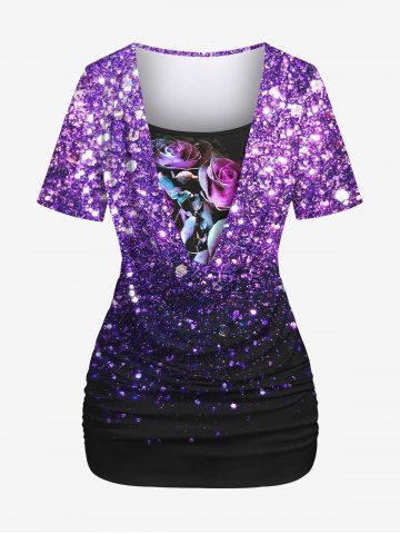 Plus Size Cowl Neck Glitter Sparkling Galaxy Sequins Ombre Rose Flower Print Ruched 2 in 1 Short Sleeves T-shirt - PURPLE - XS
