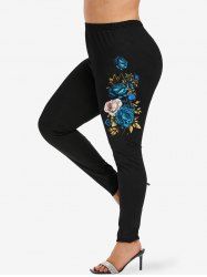 Plus Size 3D Rose Flower Leaf Side Print Skinny Leggings -  