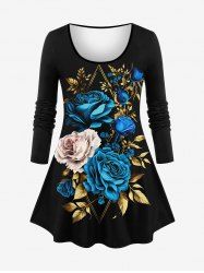 Plus Size 3D Rose Flower Leaf Print Long Sleeves Valentines T-shirt -  