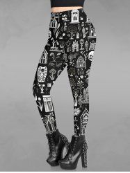 Gothic Skulls Flower Tree House Print Skinny Leggings -  