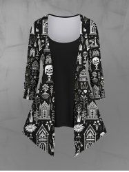Gothic Skulls Tree Flower House Print Patchwork Asymmetric 2 in1 Long Sleeves Top -  