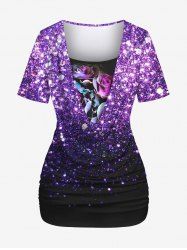 Plus Size Cowl Neck Glitter Sparkling Galaxy Sequins Ombre Rose Flower Print Ruched 2 in 1 Short Sleeves T-shirt -  