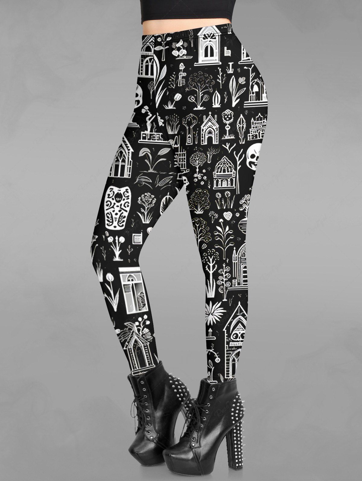 Store Gothic Skulls Flower Tree House Print Skinny Leggings  