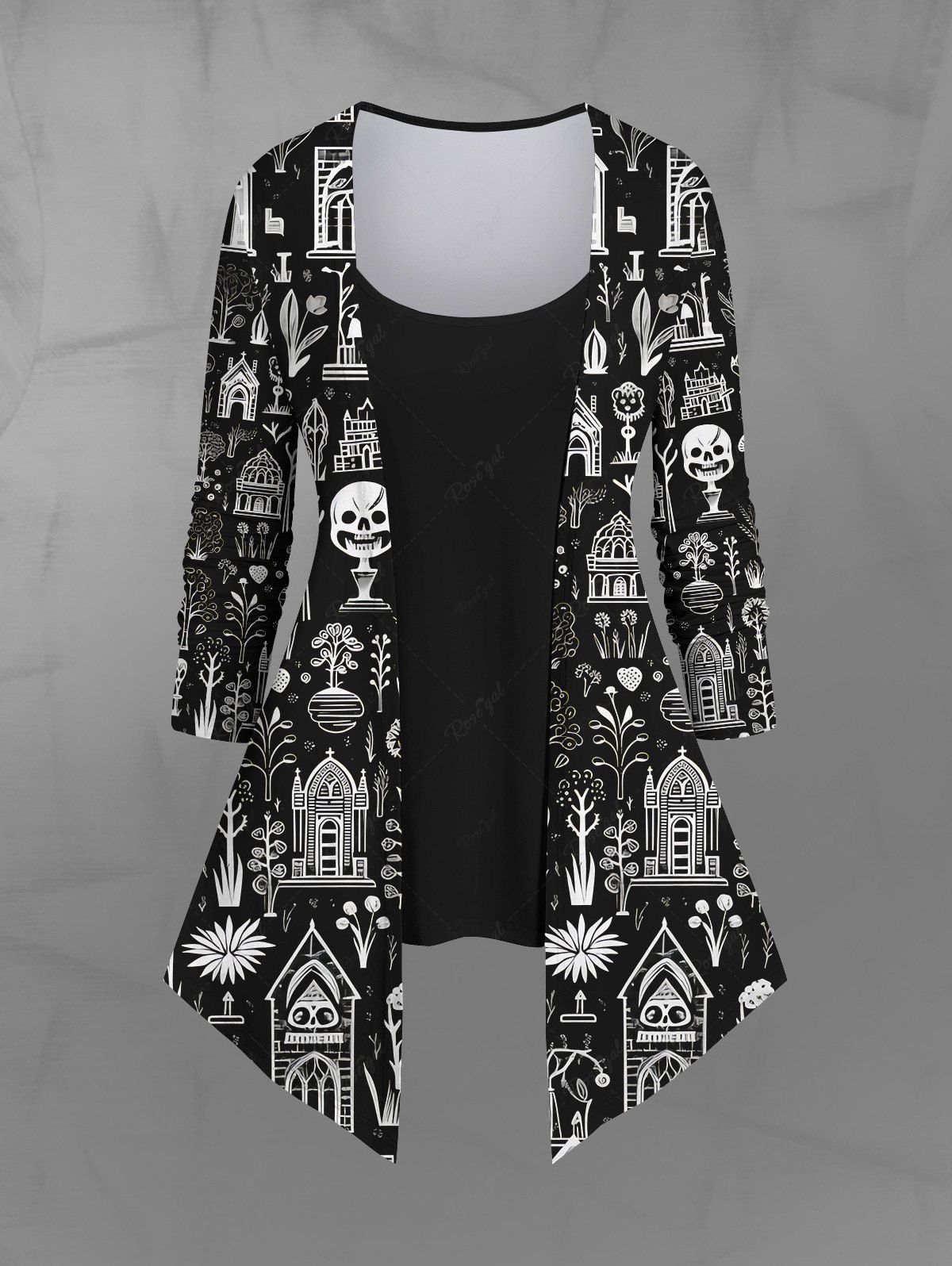 Online Gothic Skulls Tree Flower House Print Patchwork Asymmetric 2 in1 Long Sleeves Top  