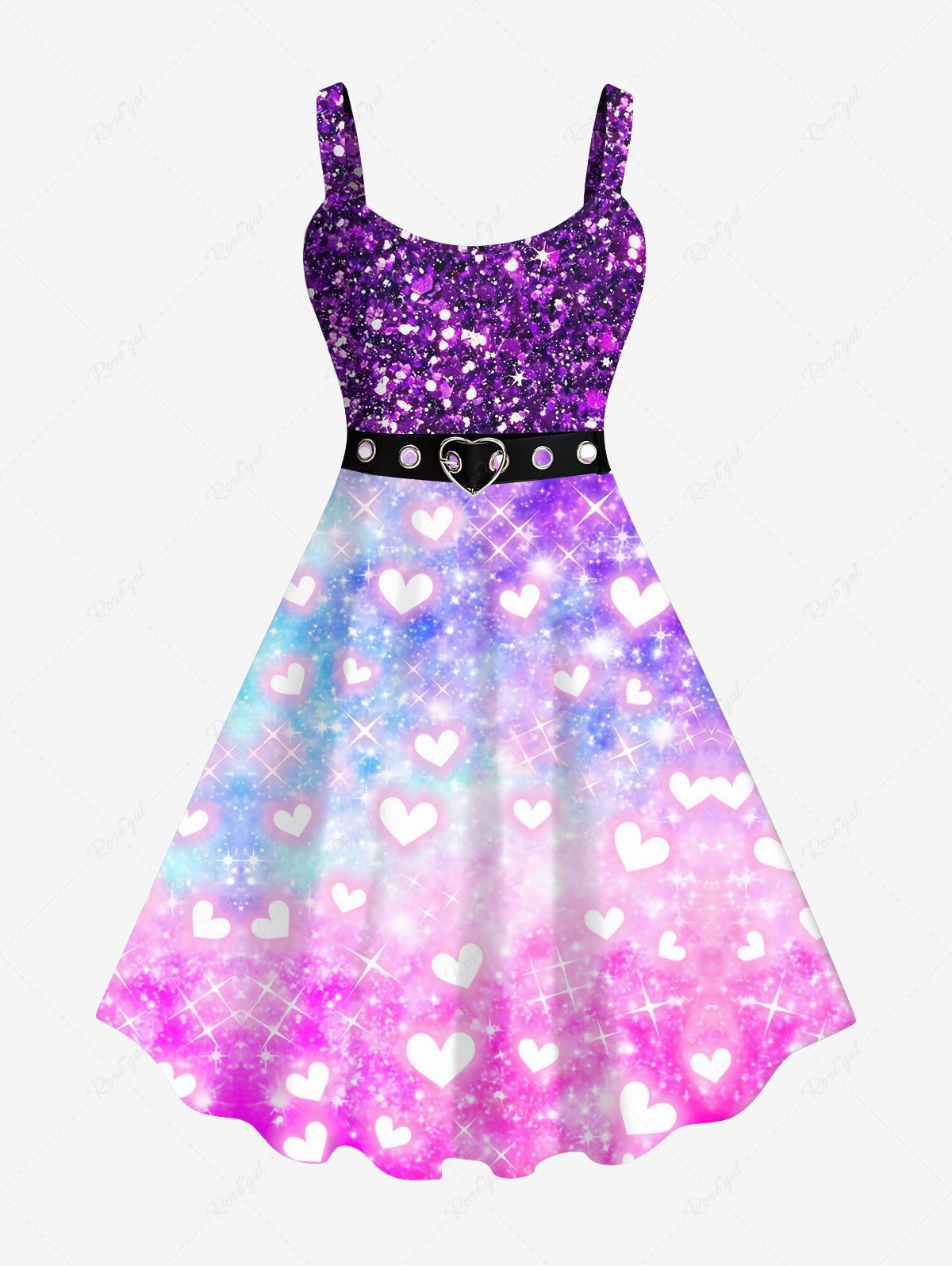 Buy Plus Size Valentine's Day Galaxy Tie Dye Heart Grommets Belt Sparkling Sequin Glitter 3D Print Tank Dress  