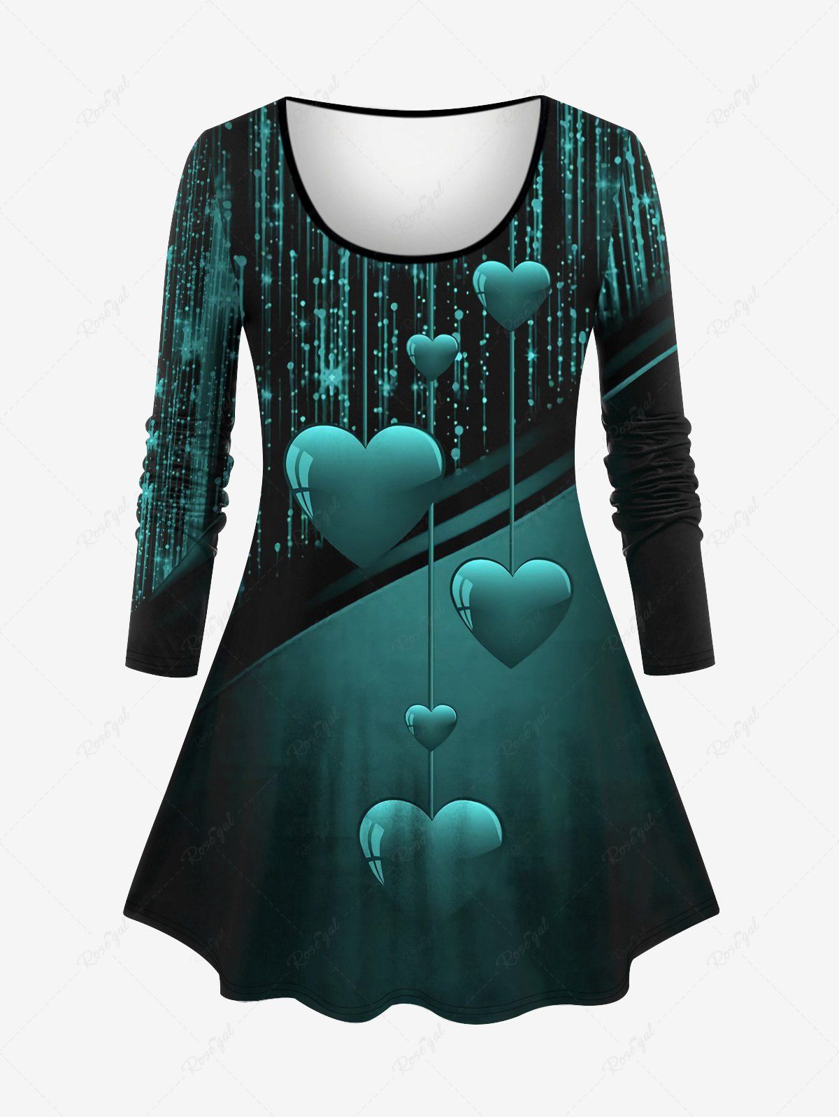 New Plus Size Valentine's Day Heart Colorblock Glitter Tassel 3D Print Long Sleeve T-shirt  