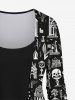 Gothic Skulls Tree Flower House Print Patchwork Asymmetric 2 in1 Long Sleeves Top -  