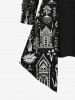 Gothic Skulls Tree Flower House Print Patchwork Asymmetric 2 in1 Long Sleeves Top -  