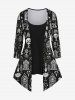 Gothic Skulls Tree Flower House Print Patchwork Asymmetric 2 in1 Long Sleeves Top -  