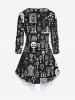 Gothic Skulls Tree Flower House Print Patchwork Asymmetric 2 in1 Long Sleeves Top -  