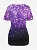 Plus Size Cowl Neck Glitter Sparkling Galaxy Sequins Ombre Rose Flower Print Ruched 2 in 1 Short Sleeves T-shirt -  