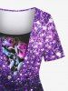 T-shirt Ombré Galaxie Fleur Imprimée à Paillettes de Grande Taille à Col Bénitier - Pourpre  5X
