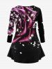 Plus Size Glitter Sparkling Rhinestone Ombre Rose Flower Print Long Sleeves T-shirt -  