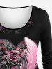 T-shirt Tunique à Manches Longues Imprimé Roses Cœur Ailes et Papillons Grande-Taille - Noir L