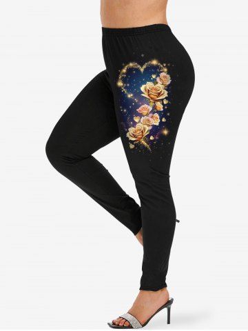 Plus Size Valentine's Day Rose Flower Heart Glitter Sparkling Sequin 3D Print Leggings - BLACK - 1X