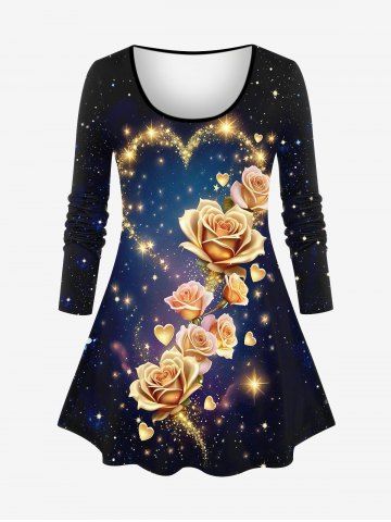 Plus Size Valentine's Day Galaxy Star Rose Flower Heart Glitter Sparkling Sequin 3D Print T-shirt - BLACK - S