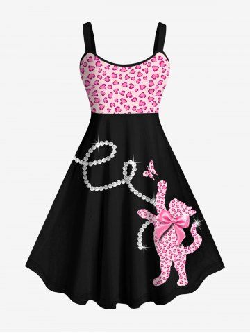Plus Size Valentine's Day Heart Bowknot Cat Butterfly Pearl Chain Glitter 3D Print Tank Dress - LIGHT PINK - S