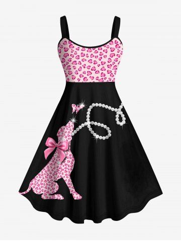 Plus Size Valentine's Day Heart Bowknot Dog Butterfly Pearl Chain Glitter 3D Print Tank Dress - LIGHT PINK - S