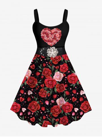 Plus Size Valentine's Day Rose Flower Heart Floral Buckle Belt 3D Print Tank Dress - RED - 5X