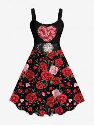 Robe débardeur imprimée 3D avec ceinture à boucle florale en forme de cœur et de rose, grande taille, pour la Saint-Valentin - Rouge 3X