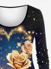 Plus Size Valentine's Day Galaxy Star Rose Flower Heart Glitter Sparkling Sequin 3D Print T-shirt -  