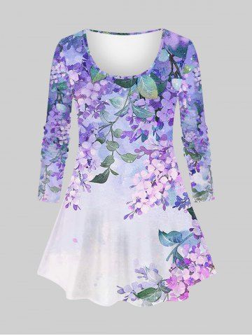 Plus Size Flowers Leaf Wtercolor Painting Ombre Print Long Sleeve T-shirt - PURPLE - XS