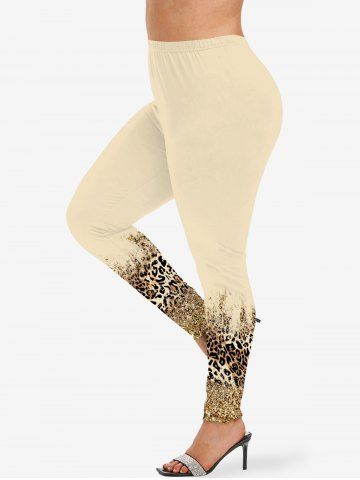 Plus Size Leopard Sparkling Sequin Glitter 3D Print Leggings - COFFEE - S