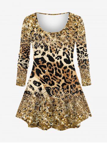 Plus Size Leopard Sparkling Sequin Glitter 3D Print Long Sleeve T-shirt - COFFEE - S