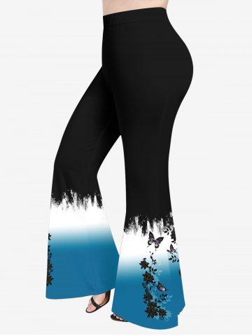 Plus Size Butterfly Floral Leaf Print Ombre Pull On Flare Pants - BLACK - XS