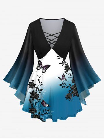 Plus Size Flare Sleeves Butterfly Floral Leaf Print Ombre Lattice Top - BLACK - XS