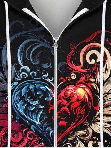 Plus Size Wing Heart Flame Phoenix Print Full Zipper Pocket Drawstring Long Sleeves Hoodie