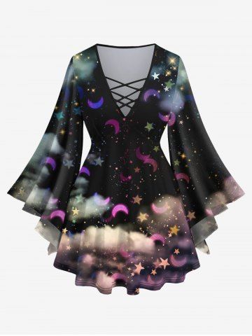 Plus Size Galaxy Moon Star Cloud Sparkling Sequin Glitter 3D Print Lattice Crisscross Flare Sleeve Top - BLACK - XS