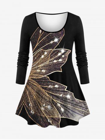 Plus Size Glitter Sparkling Wings Butterfly 3D Rhinestone Print Long Sleeves T-shirt - BLACK - S