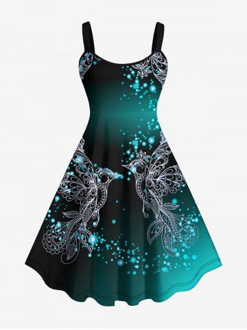 Plus Size Glitter Light Beam Phoenix Stars Print Ombre A Line Tank Dress - GREEN - 2X