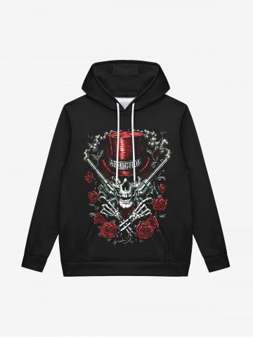 Gothic Rose Flowers Hat Skull Skeleton Claw Guns Print Pockets Drawstring Fleece Lining Hoodie For Men - BLACK - XL