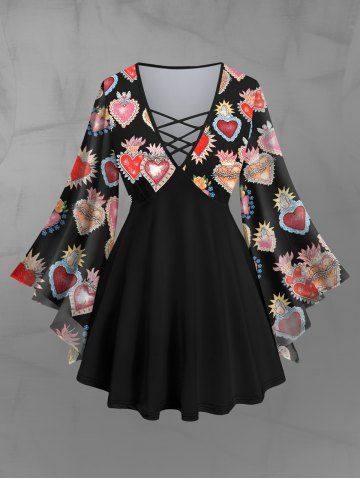 Gothic Flare Sleeves Heart Clap Hand Floral Printed Valentines Lattice Patchwork Blouse - BLACK - XS